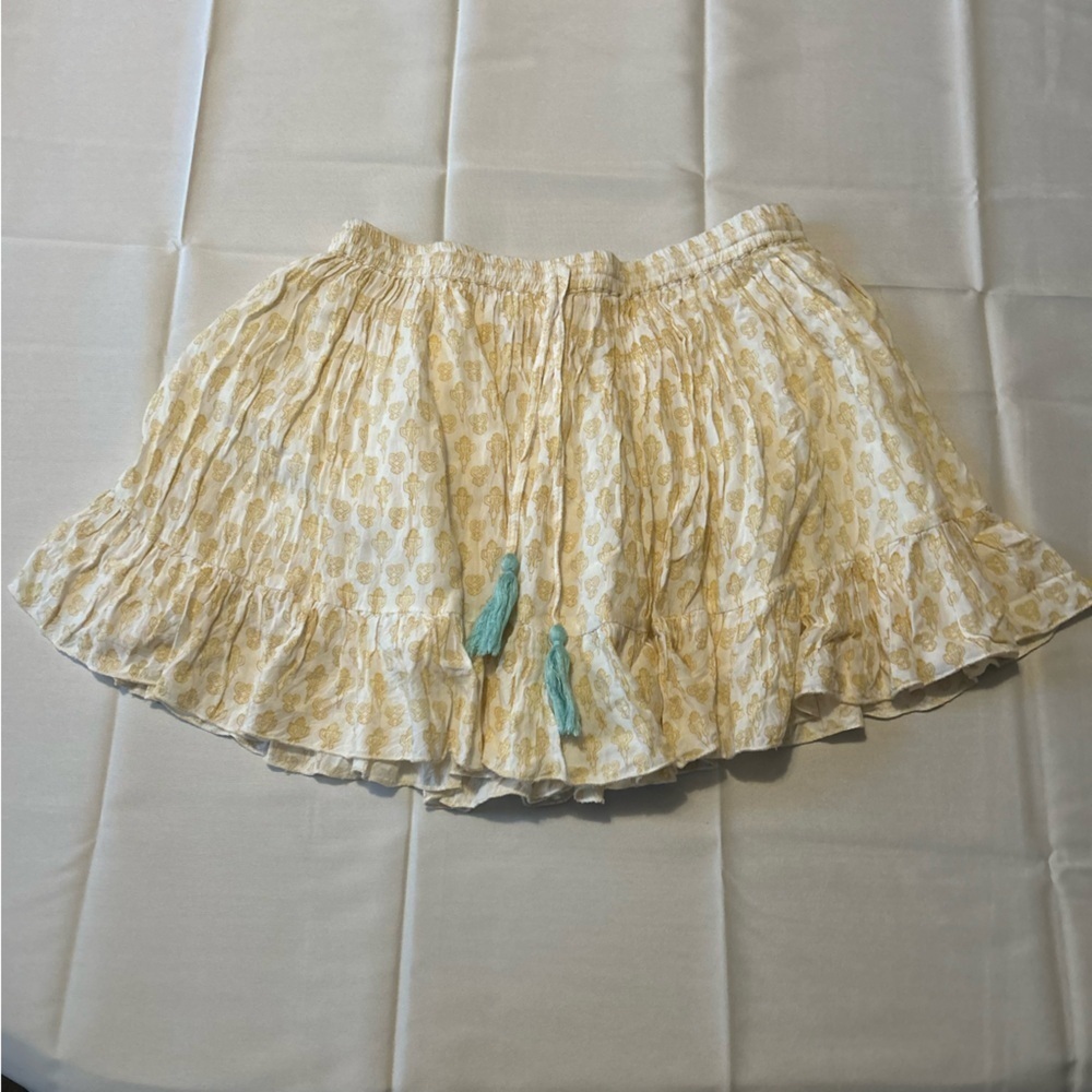 Anthropologie RAGA Mini Ruffle Skirt Tassel White & Yellow Boho Size Medium